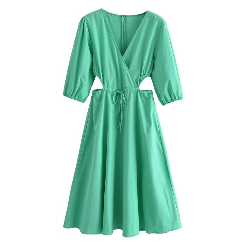 Aproms Elegant Deep V-neck Green Cotton Midi Dress Women Summer 2022 Half Sleeve Drawstring Waist Cut-out Holiday Dresses Female