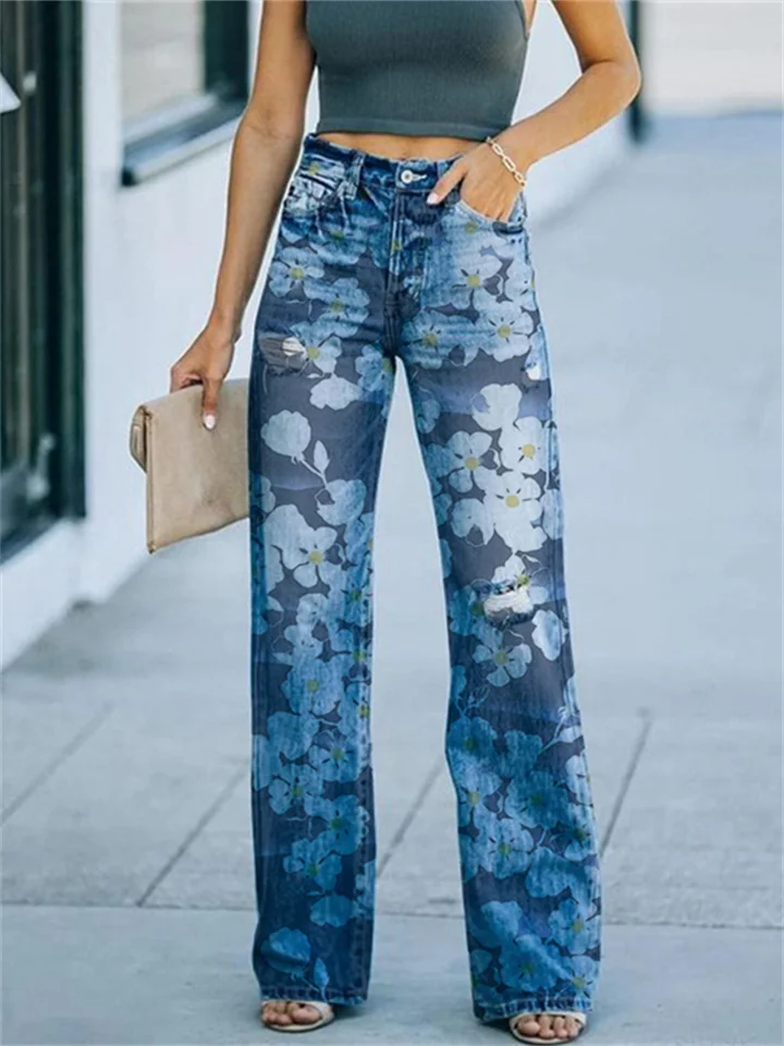Women's Lightweight Printed Denim Wide-Leg Casua-JRSEE
