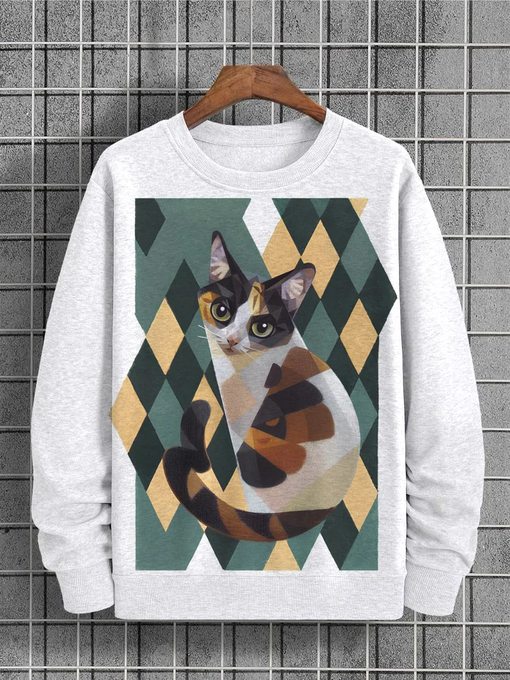 Men's Cat Geometric Art Argyle Print Casual Sweatshirt