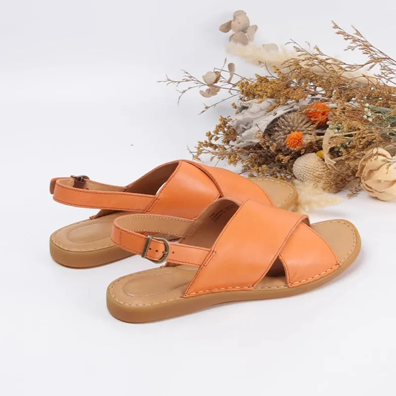 Women's Wide Strap Peep Toe Leather Flat Sandals Shoes