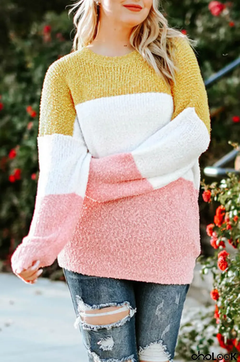 Yellow Colorblock Bubble Sleeve Plus Size Sweater