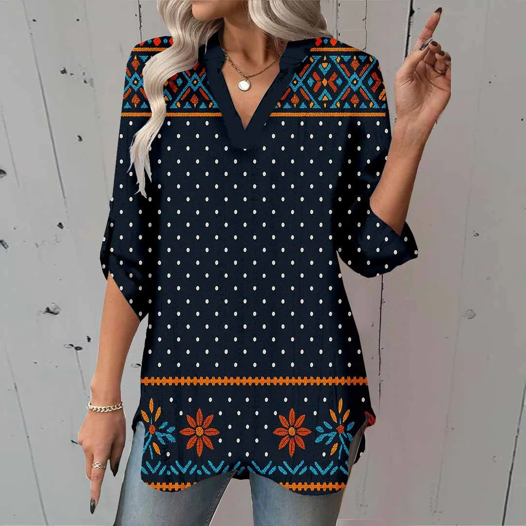 Women Polka-Dot,Red,Black DZGA0305 3/4 Sleeve V-neck Printed Graphic Button Tops
