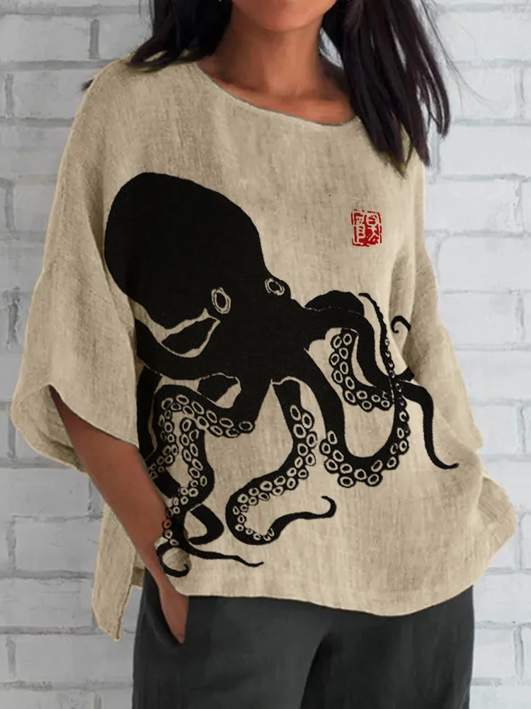 Comstylish Octopus Japanese Lino Art Linen Blend Tunic