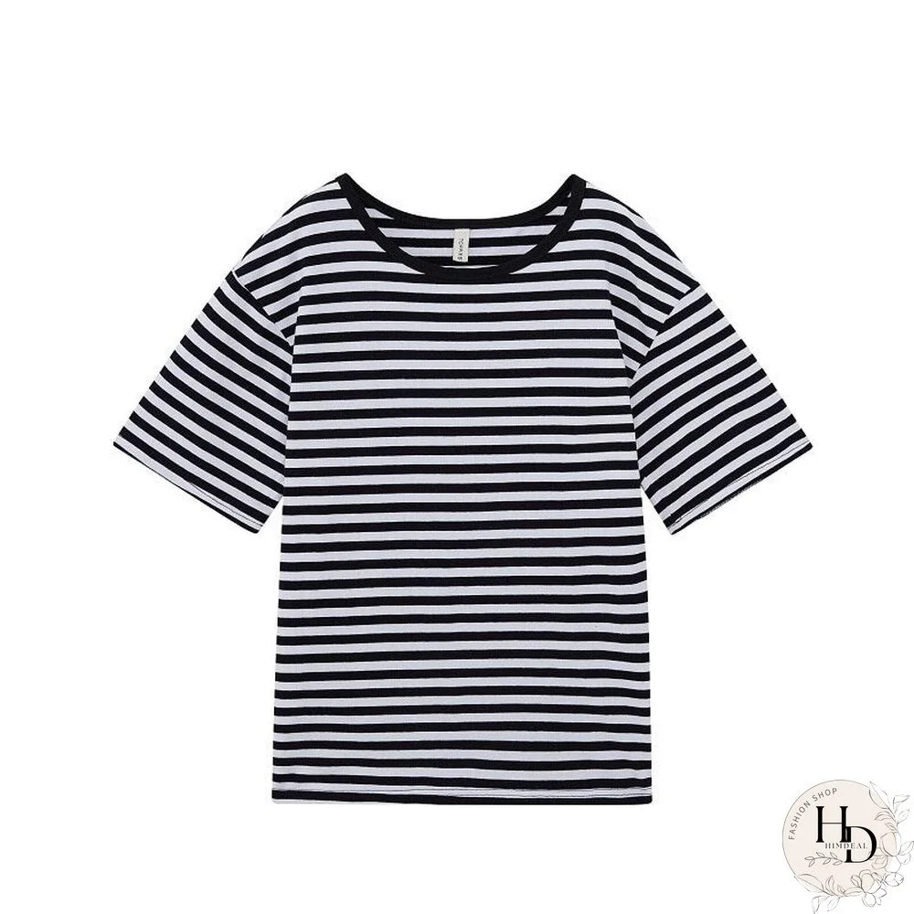 Toppies Casual Oversized  Striped T-Shirts Round Neck Vintage Basic Tops Tees Woman Short Sleeve T-Shirts Summer