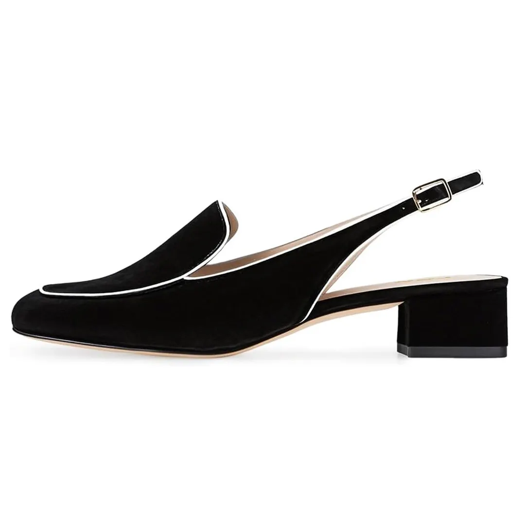 Black Vegan Suede Slingback Office Loafer Heels with Square Toe