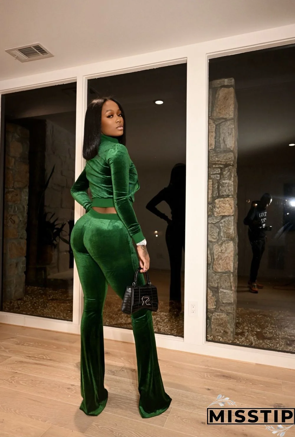 Velvet Solid Zip Jacket Crop Top Flared Pants Set