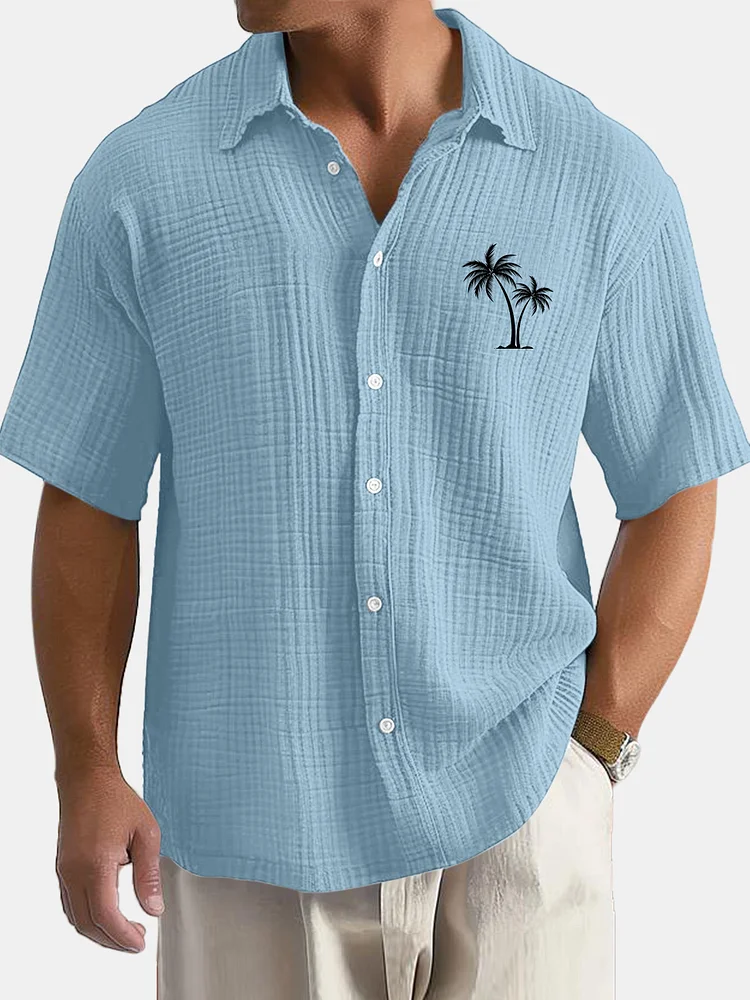 Men's Summer Comfortable Solid Color Pleated Coconut Print Short Sleeve Shirt