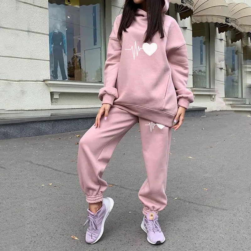 Oversize Heart Printed Fleece Women's Tracksuit Hoodies 2 Piece Set Sweatshirt + Pants Women Sport Suit Winter Sportswear
