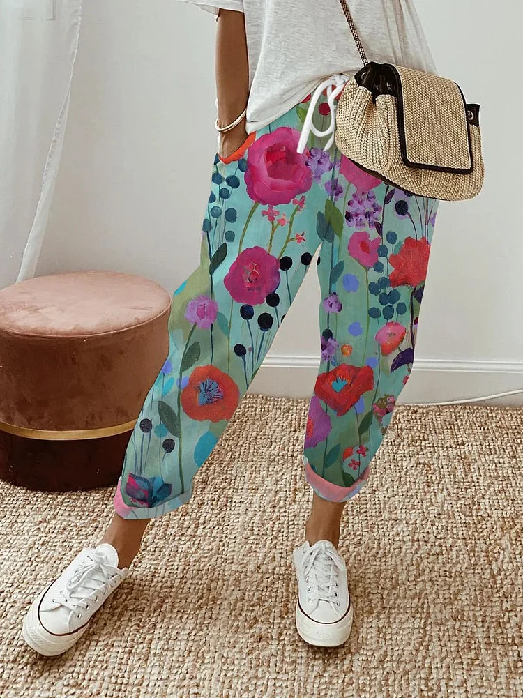 Women's Oil Painting Floral Design Printed Lace Up Elastic Waist Loose Casual Pants
