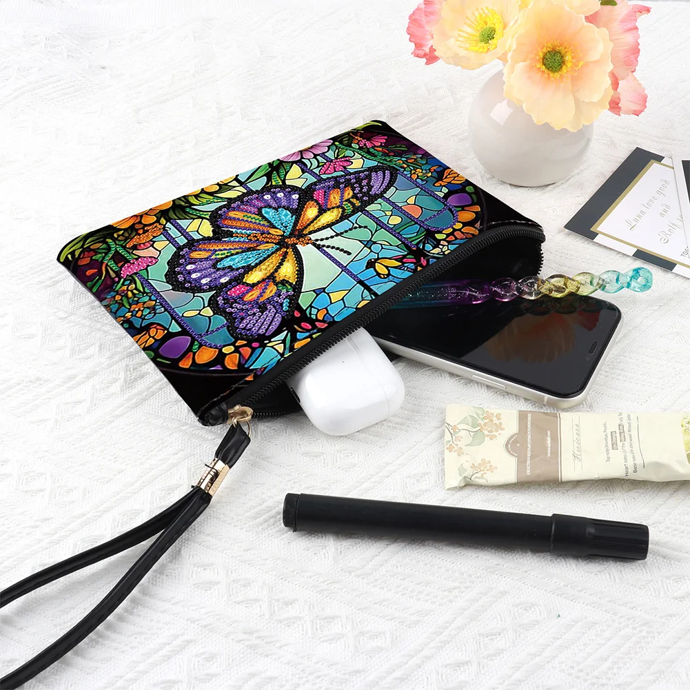 DIY Butterfly PU Partial Special Shaped Diamond Painting Wallet Makeup Bag