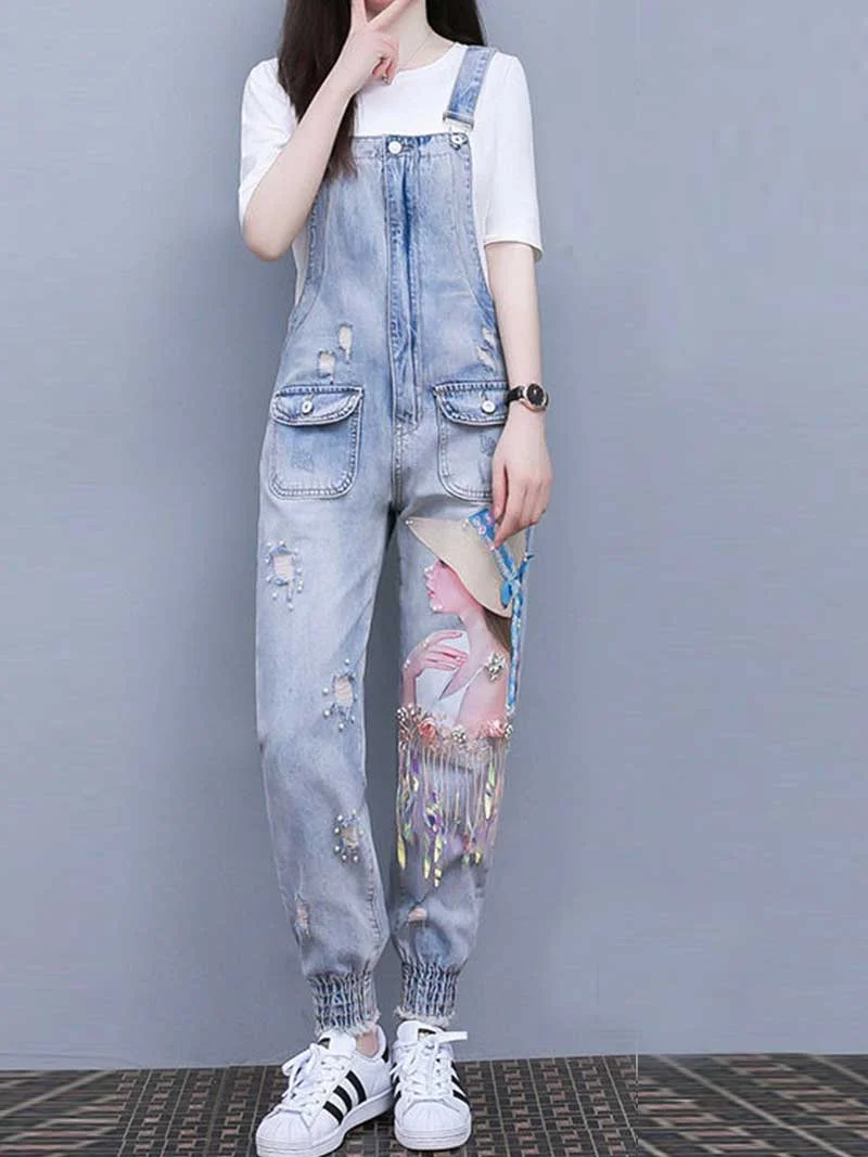 Crazy for You Doll Print Denim Overall Dungaree