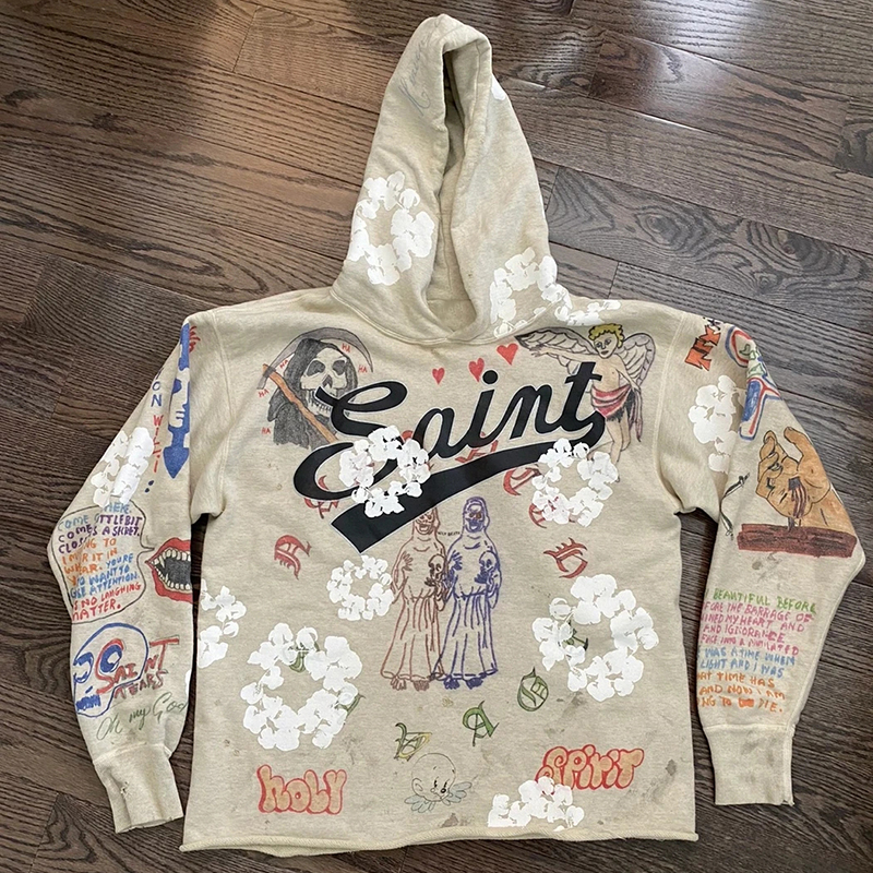 Men's Vintage Graffiti Print Graphic Apricot Pullover Hoodie - SOPULA