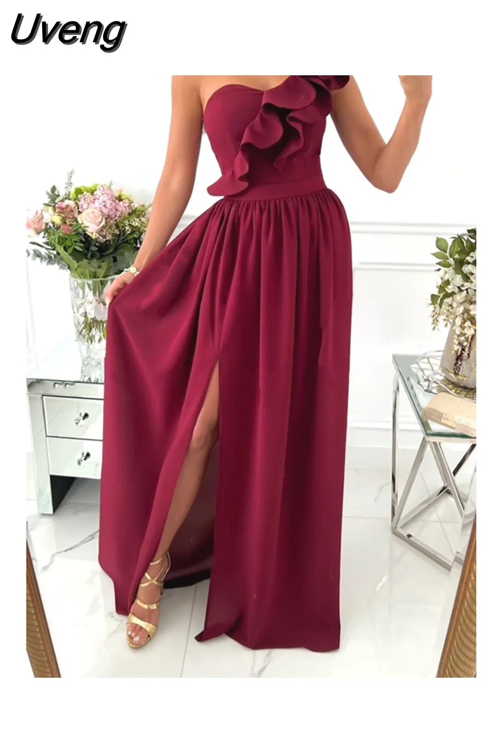 Uveng Sexy Fashion Sleeveless Off Shoulder Slash Neck Ruffles Slit Maxi Dresses Grace Waist Evening Dresse Vestidos De Fiesta 420-0