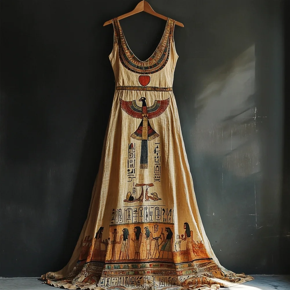 Vintage Egyptian Mythological Elements Sun Disk Ra Women's Linen Vest Large Hem Maxi Dress