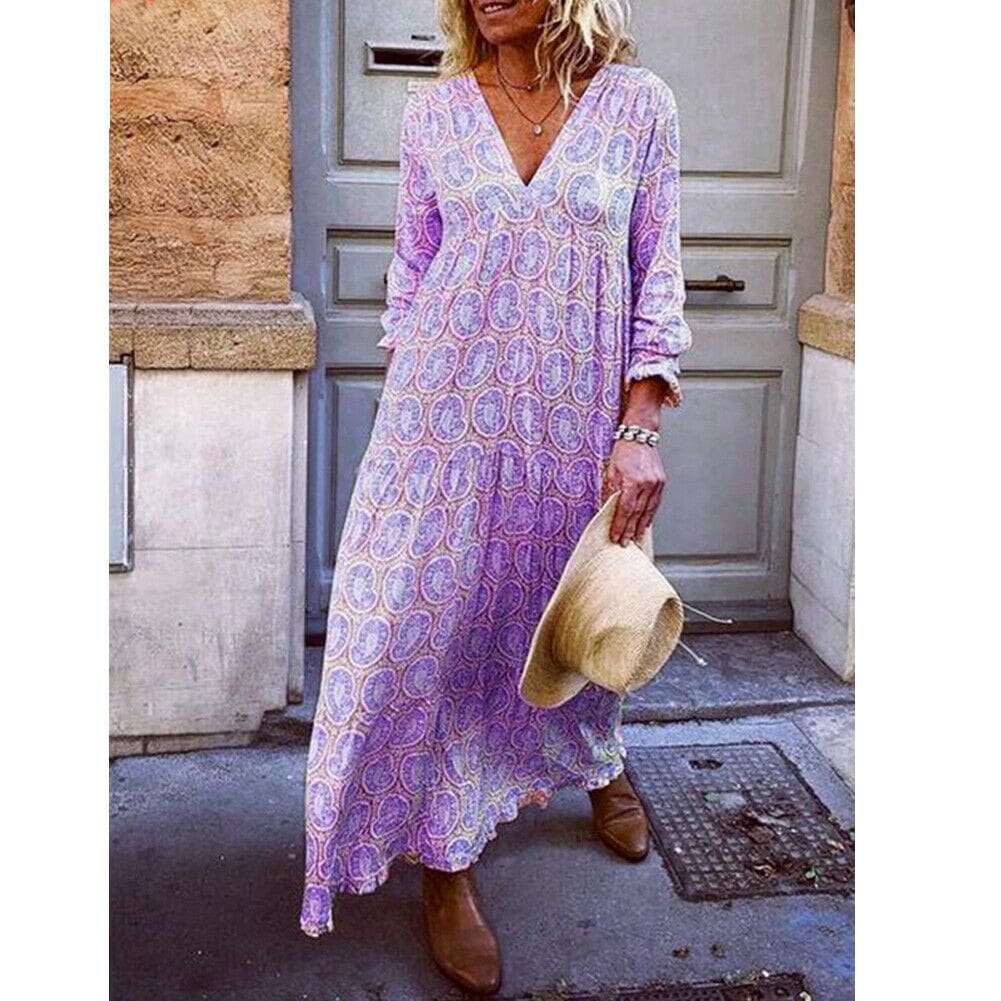 Fashion Women Boho Deep V Neck Floral Long Maxi Dress Tunic Beach Kaftan Holiday Club Casual Loose Dresses Sundress