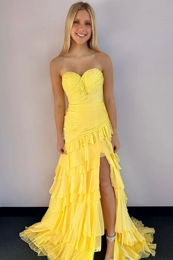 Yellow Lovely Sweetheart Split Chiffon Pleated Prom Dress ZT0720