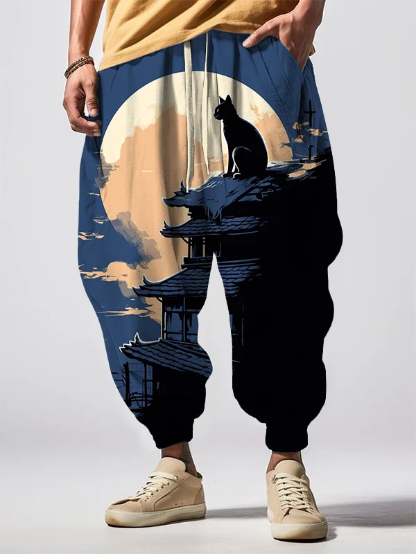 Men's Full Moon Roof Black Cat Japanese Art Print Loose Drawstring Waist Sweatpants