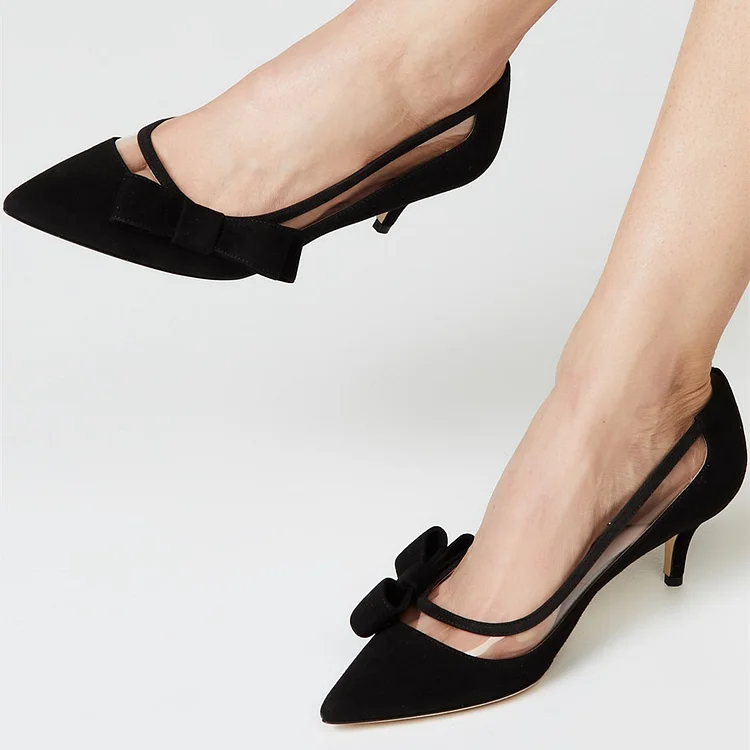 Black Kitten Heels Vegan Suede transparent PVC Bow Pumps |FSJ Shoes