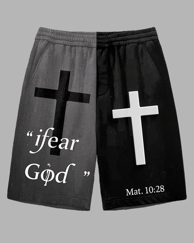 Men's Big & Tall Splicing Style Contrast Cross "ifear God" Letter Printed Outdoor Shorts
