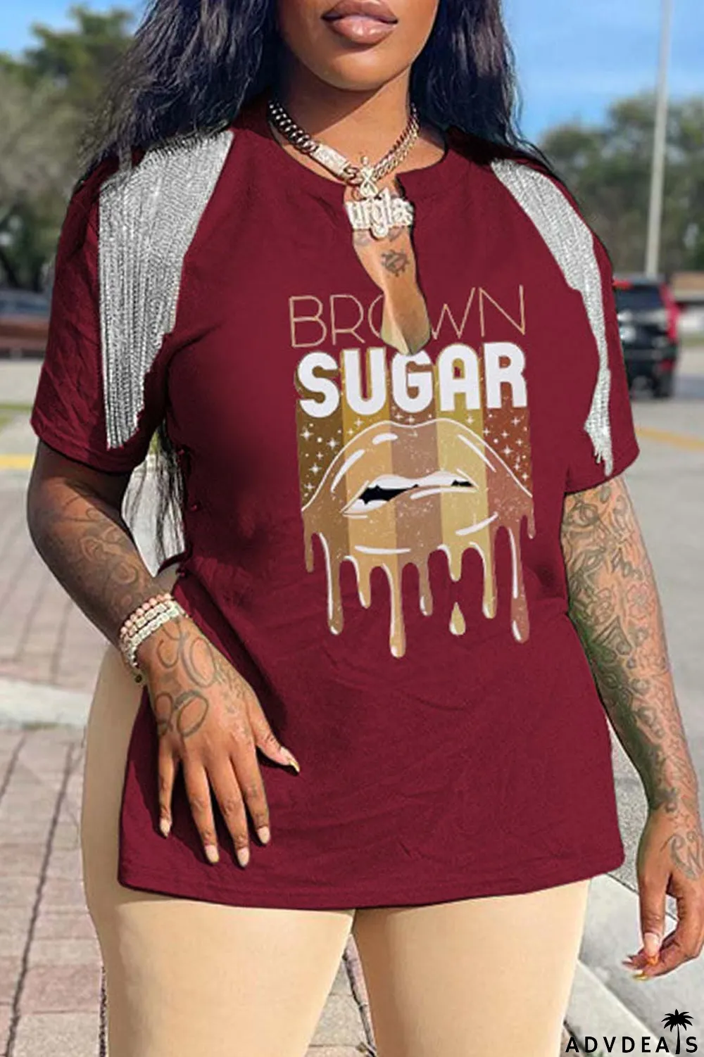 Grey Casual Print Tassel Patchwork V Neck T-Shirts