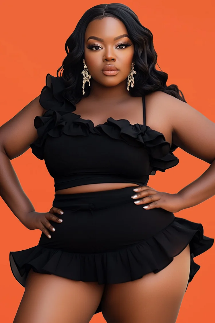 Xpluswear Design Plus Size Beach Black Asymmetrical Collar Ruffle Irregular Hem Swimsuit Fabric Two Pieces Swimsuit [Pre-Order] 2024 - Xpluswear