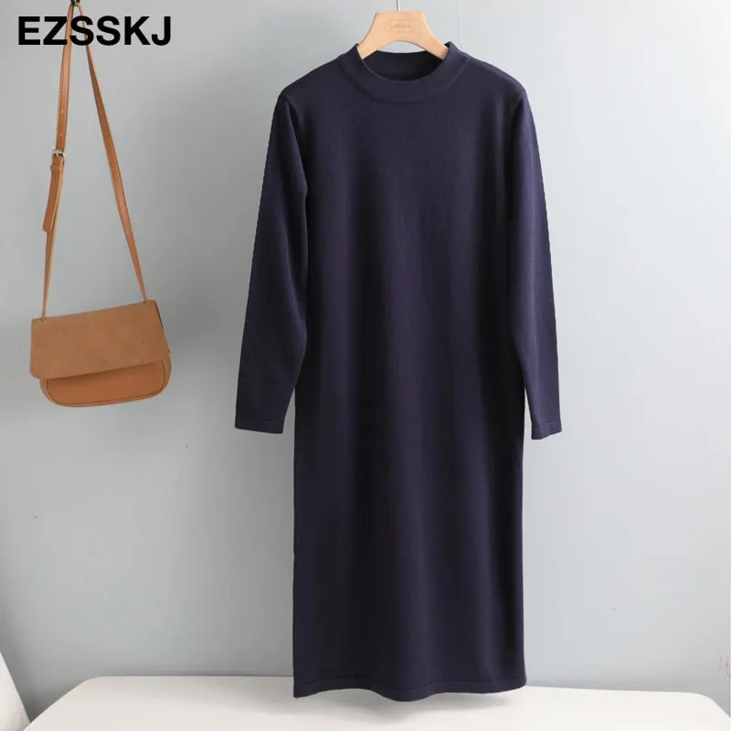 straight autumn winter long sweater dress women split side long o-neck maix sweater dress female basic dress