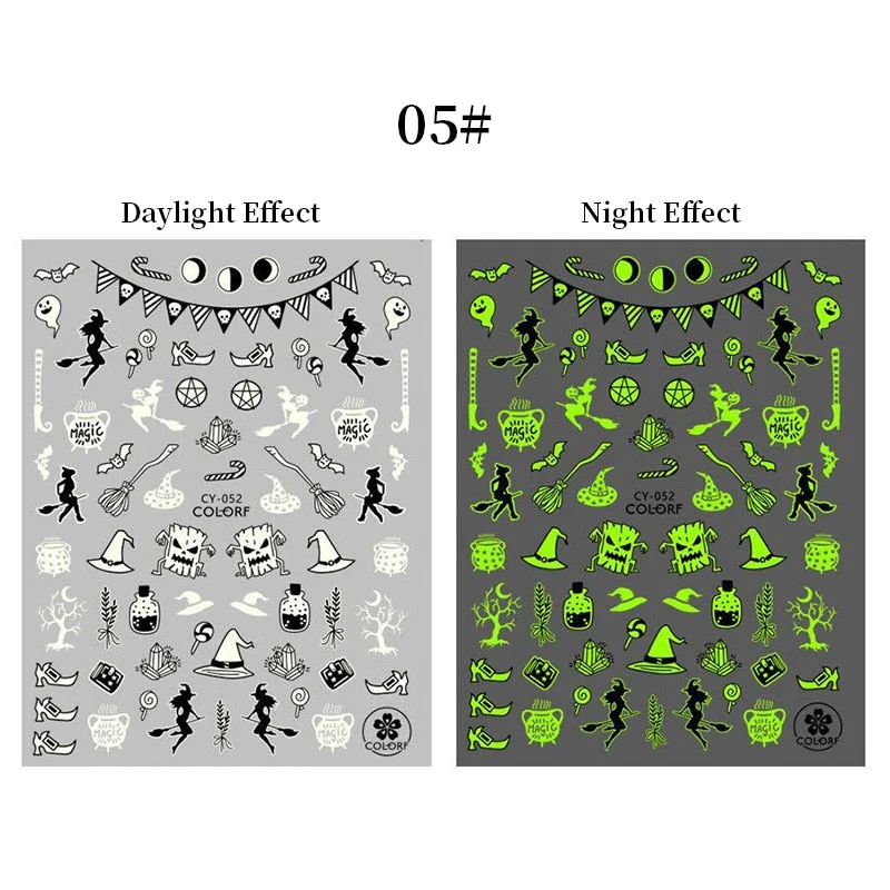 3D Luminous Nail Stickers Halloween Pumpkin Spider Star Moon Transfer Sliders  Winter Glow In The Dark Nail Art Decoration-Nail Inspo