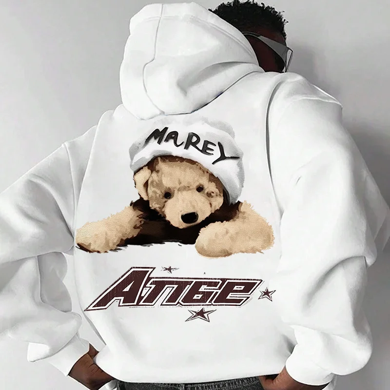 Oversized Bear Print Stylish Casual Hooded Sweatshirt、、URBENIE
