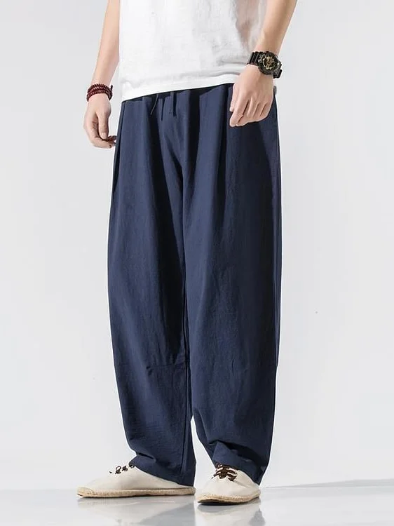 Men's Plain Loose Straight Leg Cotton And Linen Casual Pants