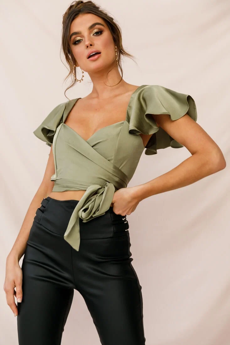 Marquise Wrap Crop Top Olive