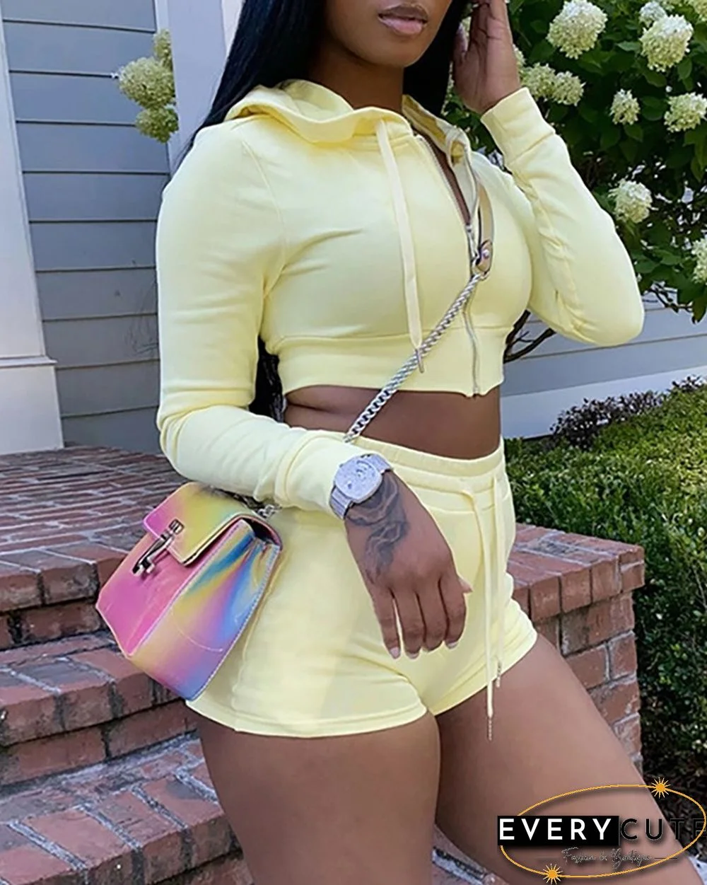 Zip Hooded Crop Top & Drawstring Shorts Set
