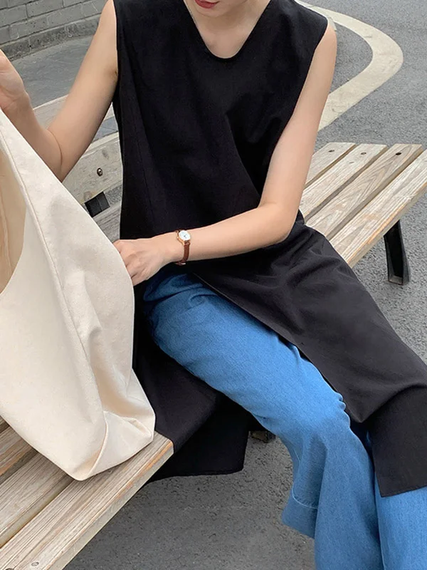 Relaxed Sleeveless Solid Color V-Neck Vest Top with Split Sides