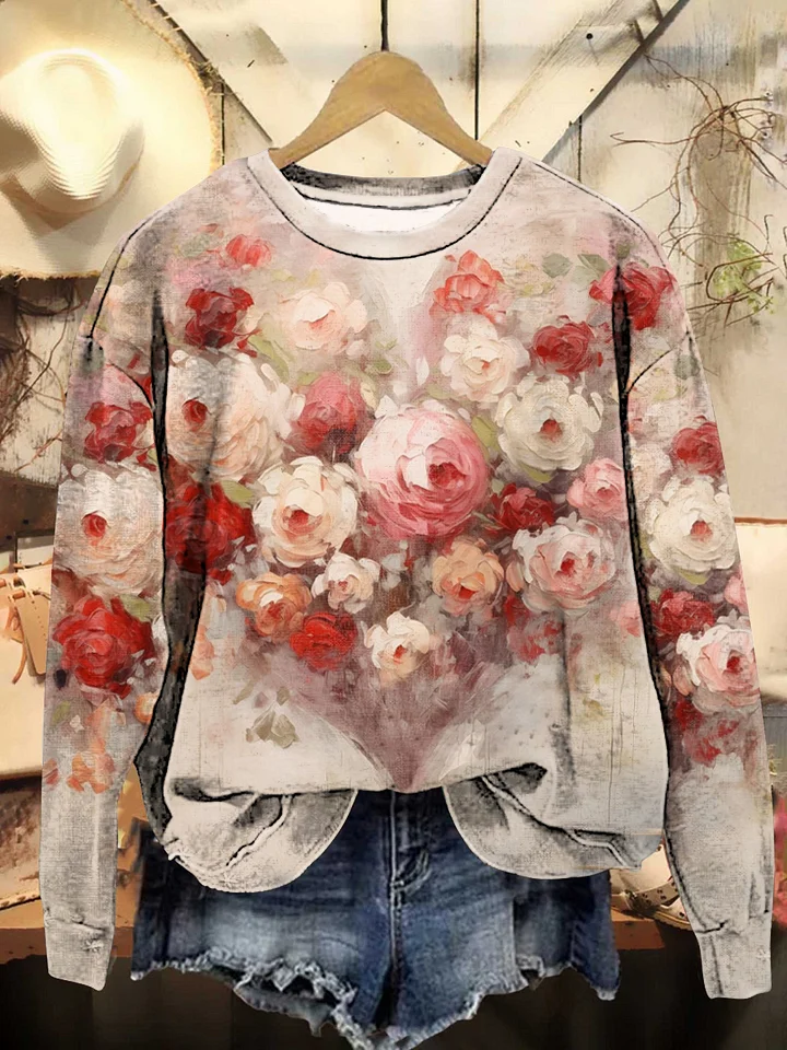 Vintage Floral Heart Art Print Crew Neck Sweatshirt