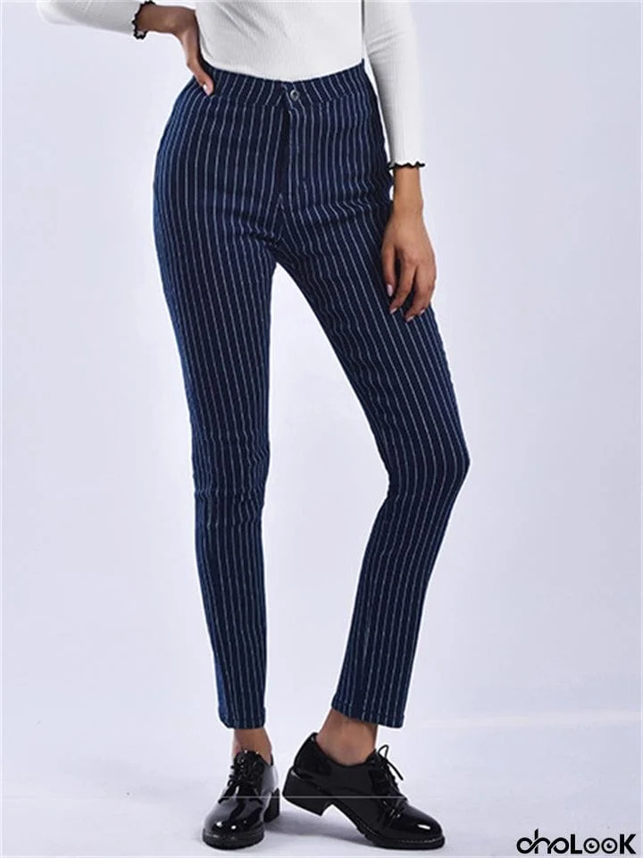 Slim Fit Blue White Stripe Fashion Women Denim Jeans