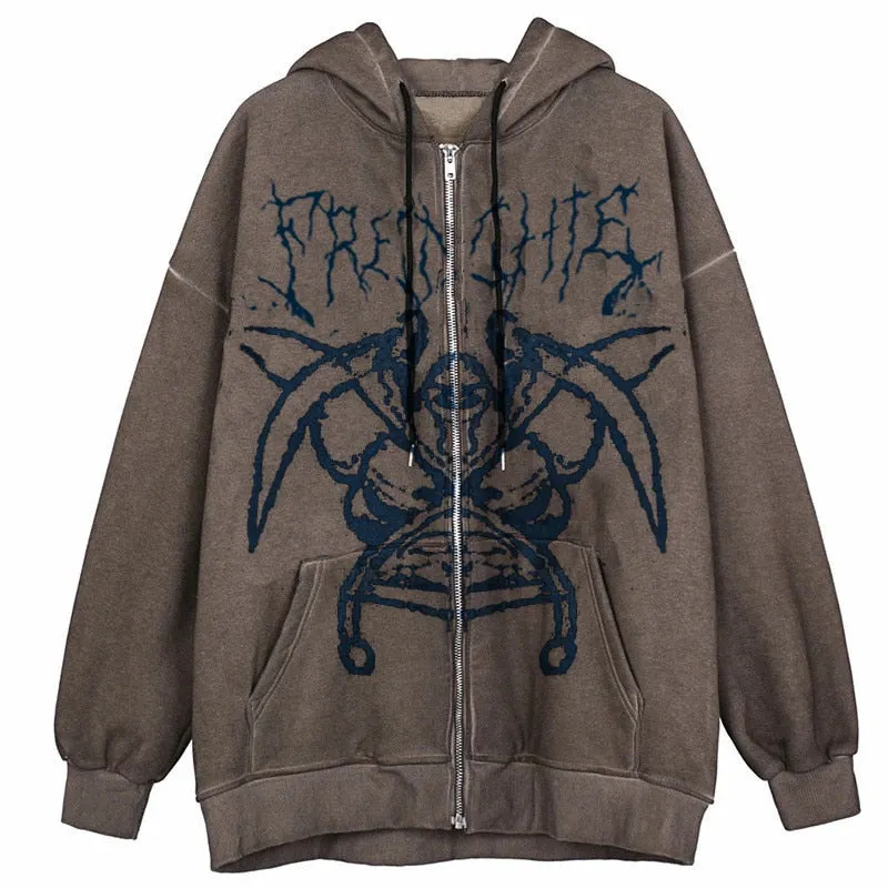 Xingqing Women Full Zip Hoodies Fashion Portrait Print Long Sleeve Loose Sweatshirt Tops Y2K Aesthetic Ladies Clothes Streetwear