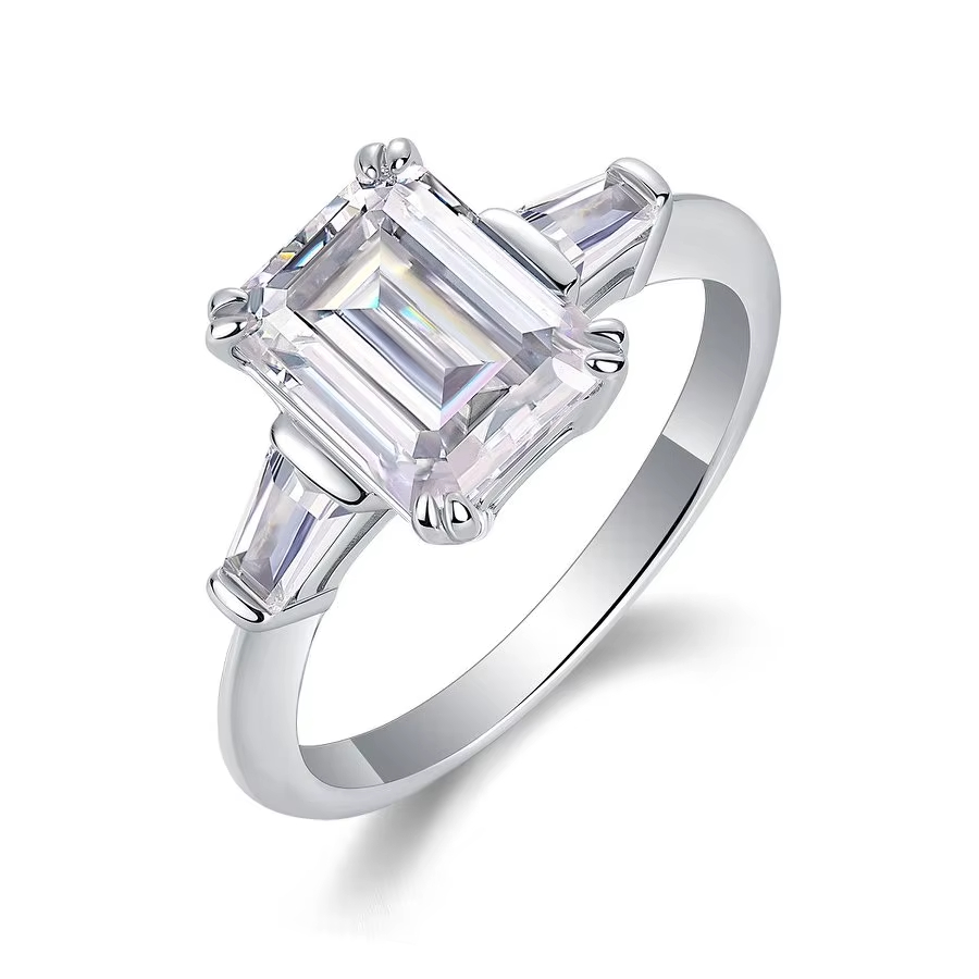 Emerald Cut Moissanite Ring S925 Sterling Silver 18K White Gold Plated Engagement Wedding Jewelry for Women