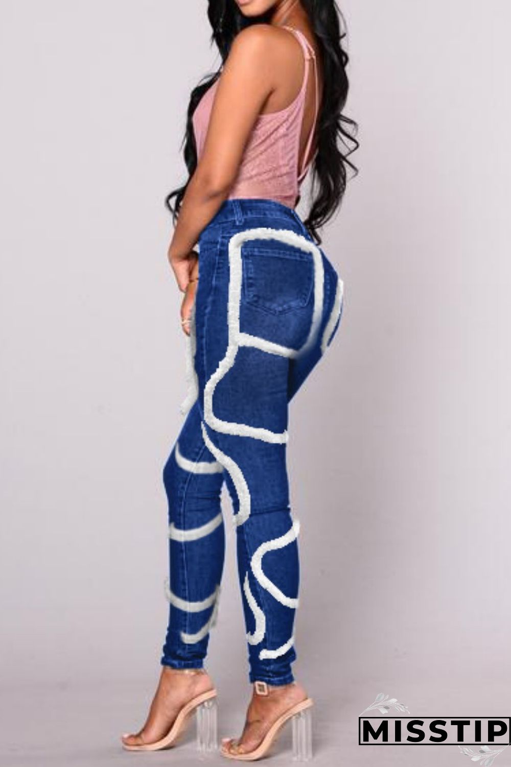 Light Blue Casual Solid Patchwork Mid Waist Regular Denim Jeans