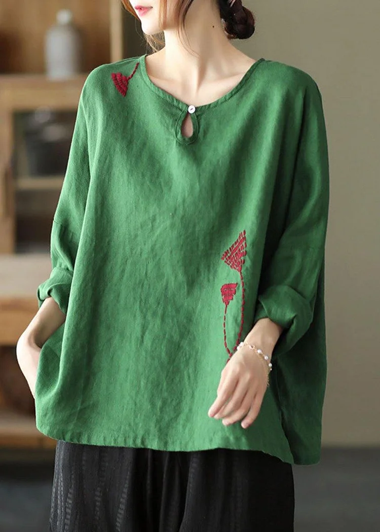 Plus Size Green Loose Embroideried Fall Linen Shirt Tops Long Sleeve