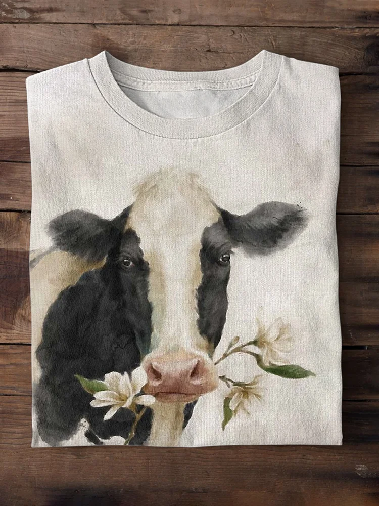 VChics Watercolor Dairy Cows Print Casual Loose Short Sleeve T-Shirt