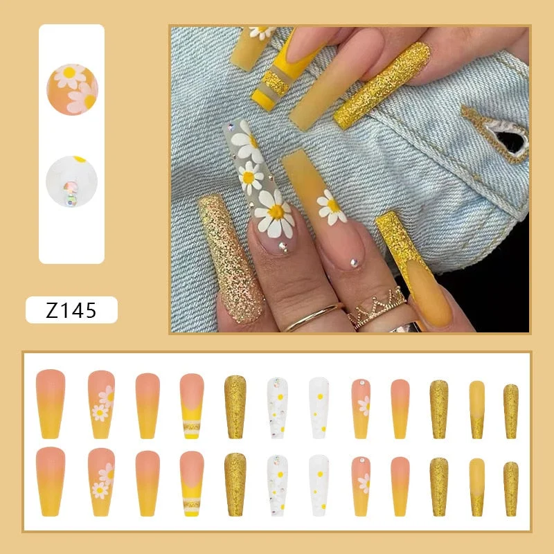 24pcs French Long Ballerina Nails Daisy Yellow Color Glitter Gradient with Design Wave Line Wearable False Nail Full Cover Nail