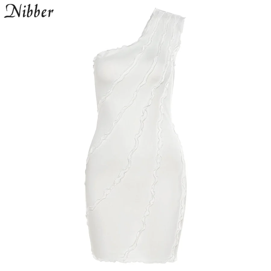 Nibber Lace Elegant Sleeveless Dresses Women Inclined Shoulder Female Minidress Diagonal Collar Solid Color Casual Vrouwen Cloth