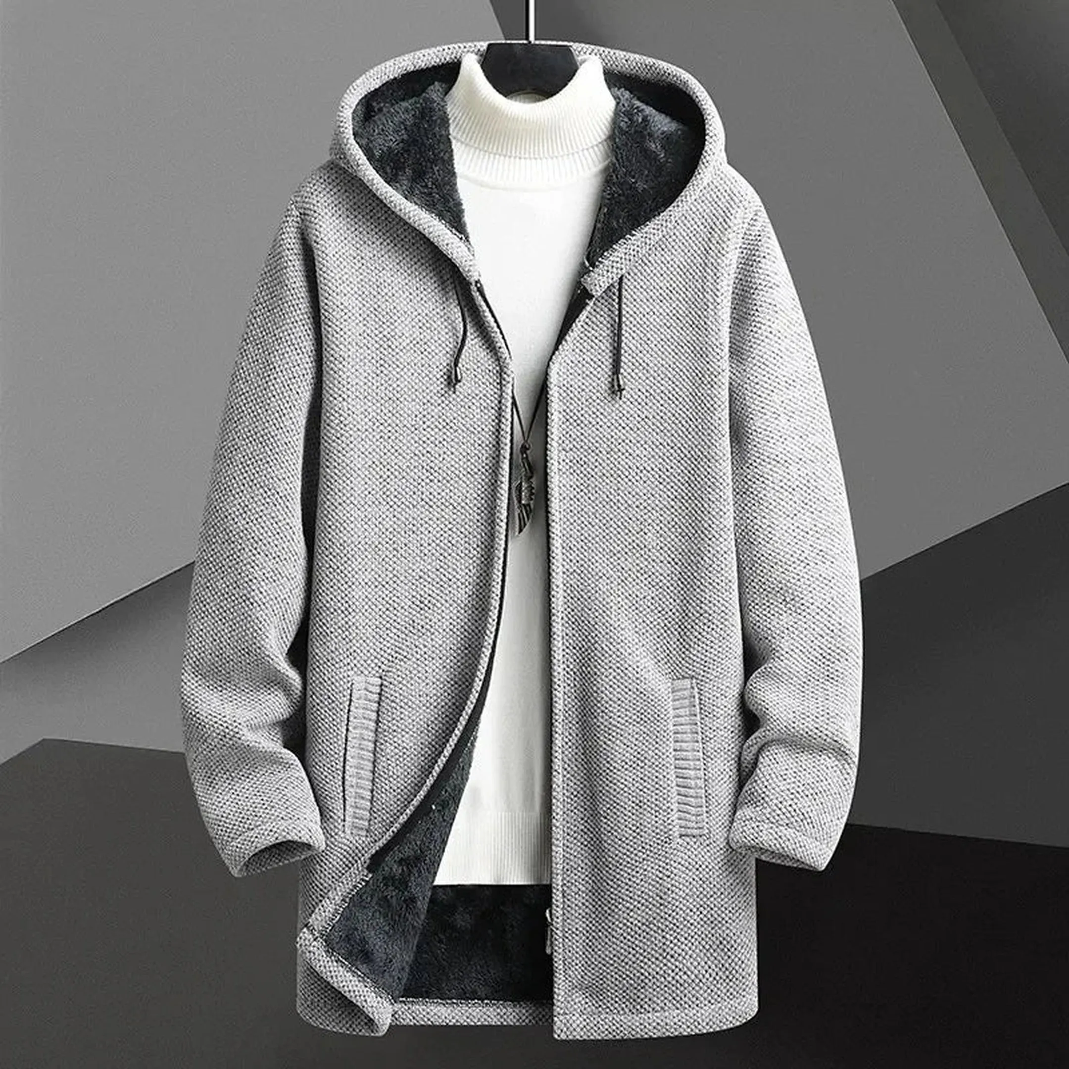 Men's Hooded Knit Overcoat &ndash; Fleece-Lined Warm City Layer