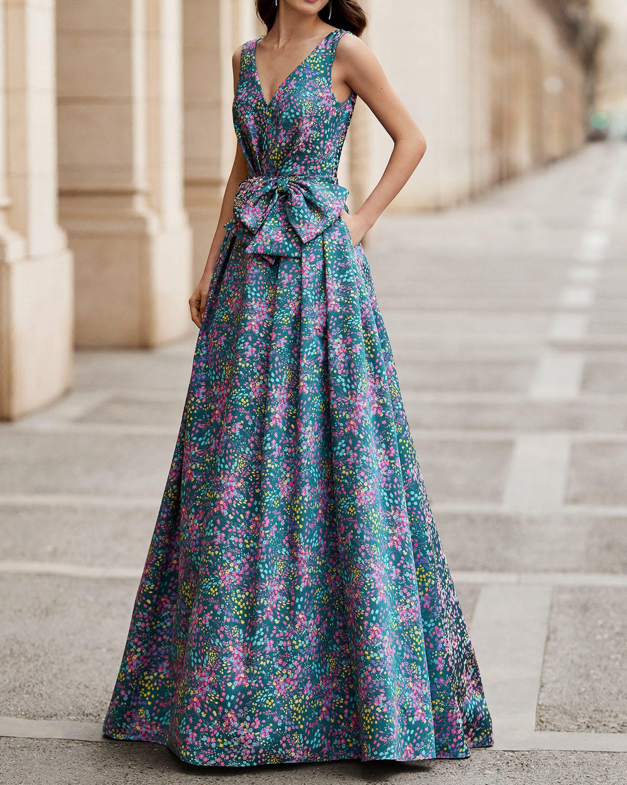 Bow floral satin maxi dress gown