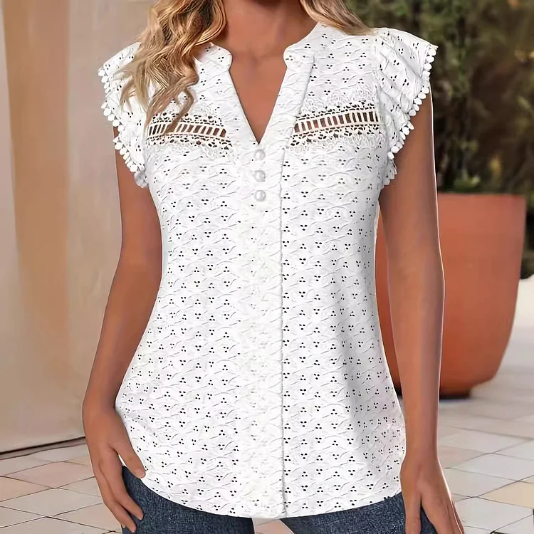 Hollow Lace Lace Lace Short Sleeved V-Neck T-Shirt