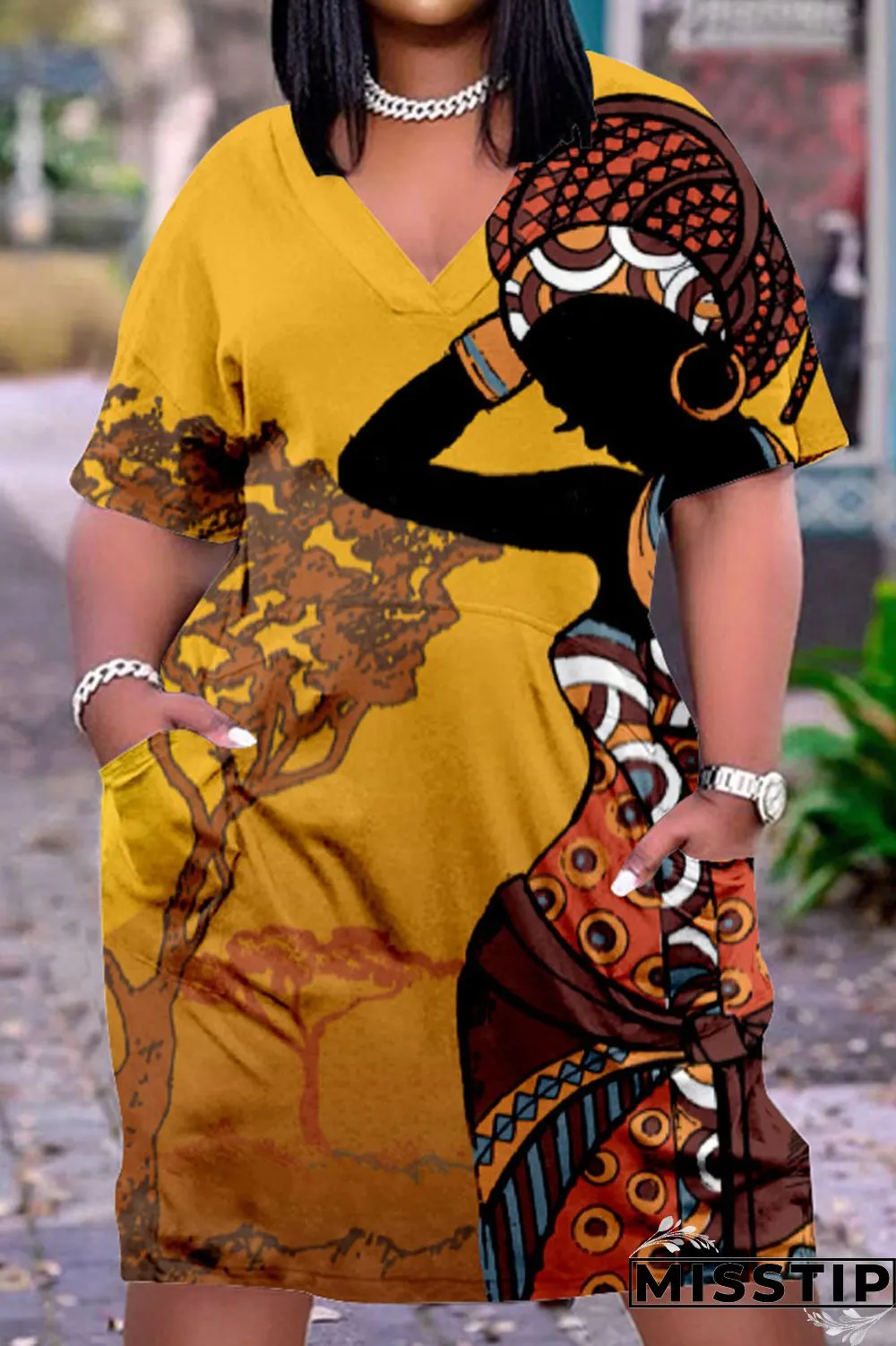 Yellow Brown Casual Street Print Patchwork V Neck Straight Dresses
