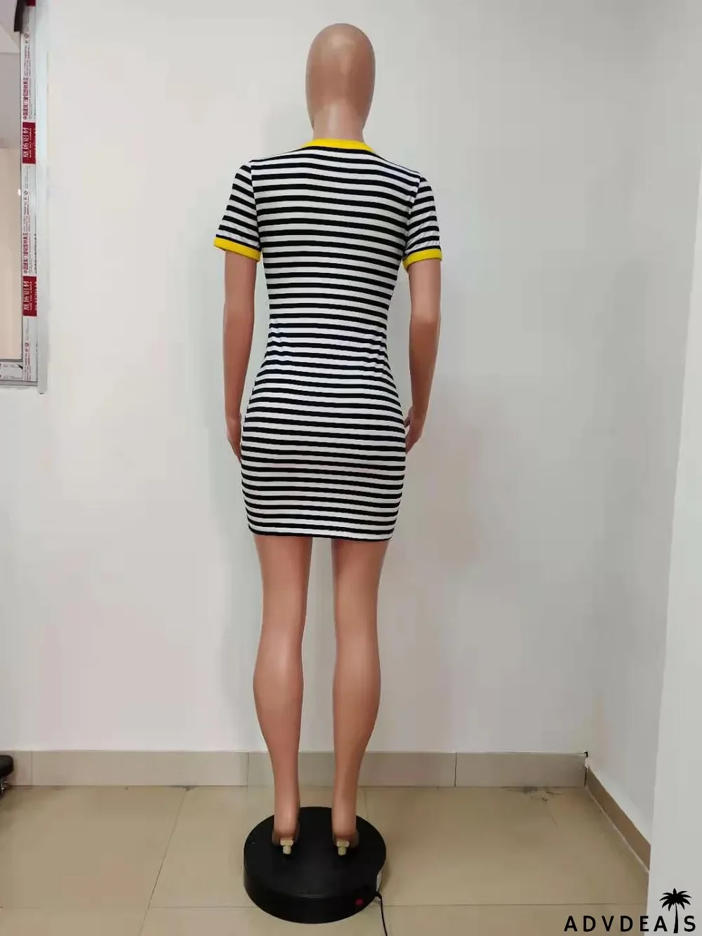 Casual Striped V Neck Short Sleeve Mini Dress