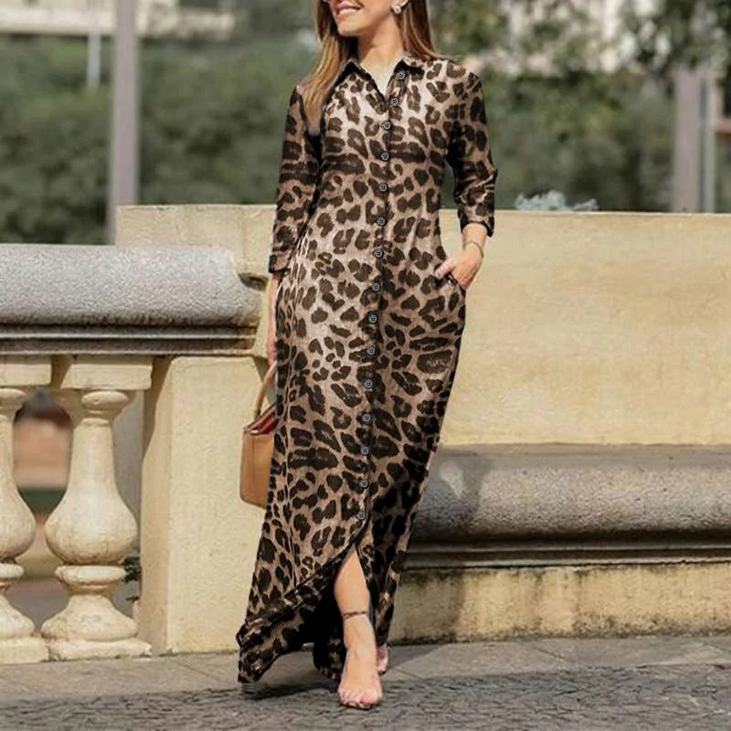 Casual Long Sleeve Dress VONDA Women Lapel Collar Button Down Long Shirt Dress  Spring Fall Vintage Leopard Vestidos
