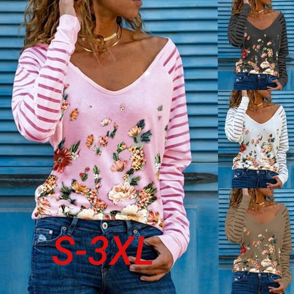Spring New Fashion Striped Sleeve Flower Printed Casual Long Sleeve Sun Protection Soft and Comfortable T-shirt Loose Plus Size Lightweight Shirt Top - Shop Trendy Women's Clothing | LoverChic