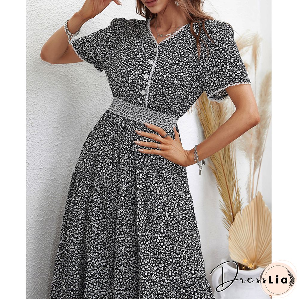 Elegant Floral Print Dress Women Summer Dresses New V Neck Short Sleeve Single-breasted Lace High Waist Midi Dress
