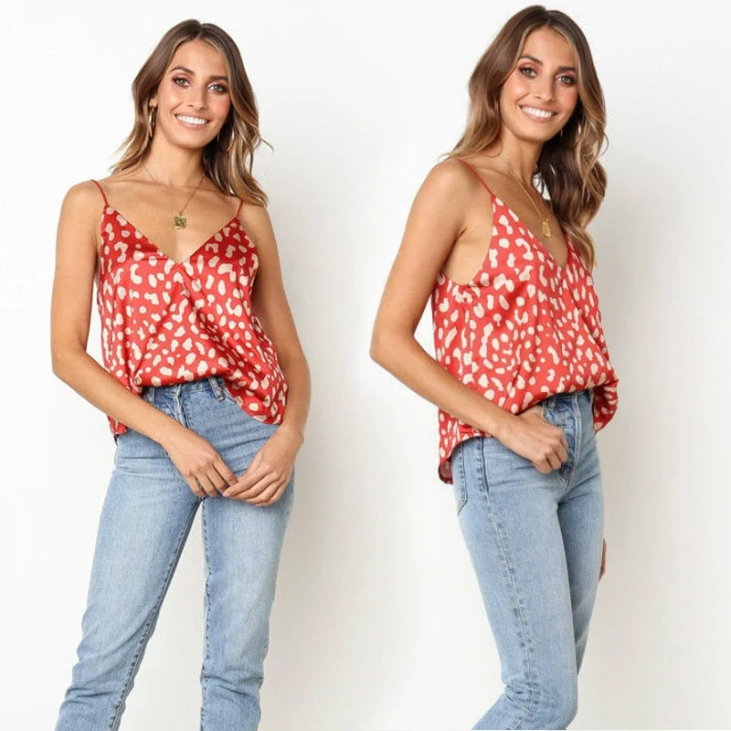Women Loose Cami Tops 2021 Summer Leopard Print Sleeveless V Neck Casual Tank Tops Blouses Ladies Eleagnt Sexy Shirts Female
